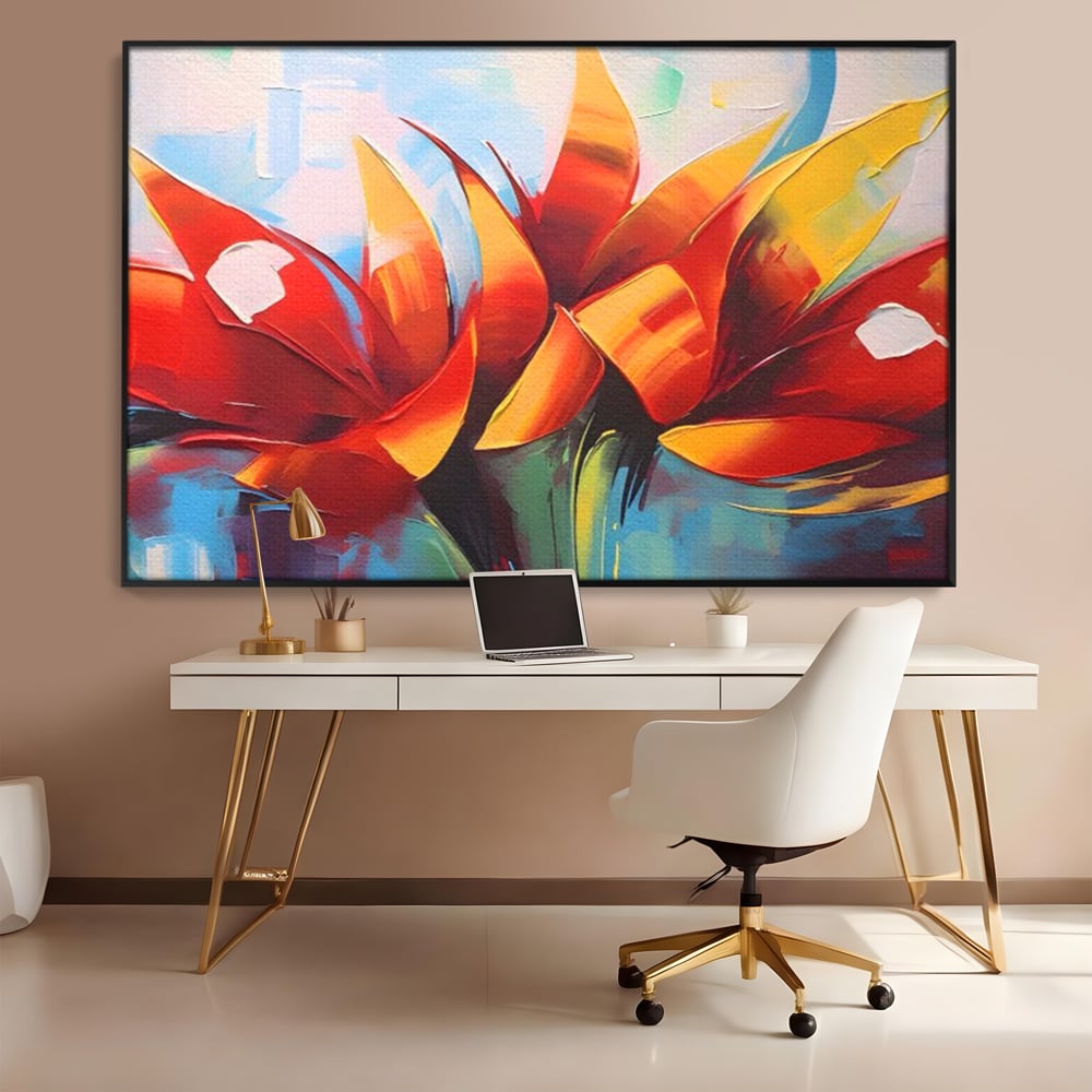 Tablou canvas cu pictura abstracta cu flori portocalii, in rama de aluminiu negru, pe perete intr-un birou